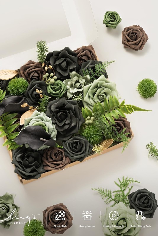 Ling's moment Artificial Flowers Box: Faux Roses, Greenery Stems, Foam - DIY Dec gallery