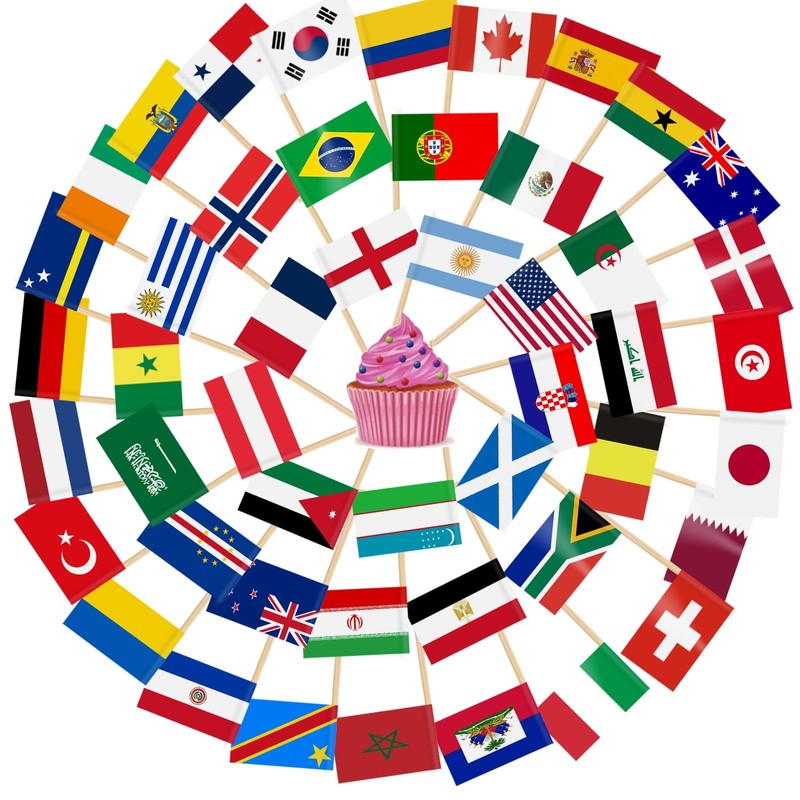 AhfuLife 48 Countries World Flag Toothpick Cake Toppers for 100, Cup