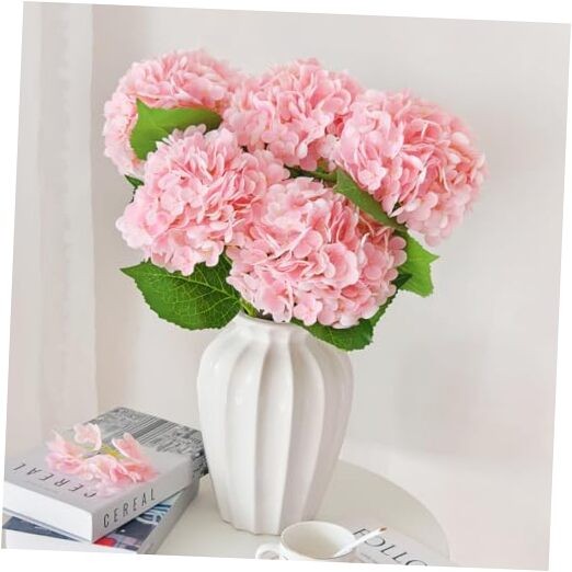 Real Touch Hydrangea Artificial Flowers with Stems, Fake Silk 3 Pcs Pink