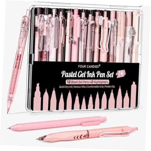 Writing Ink Pens with Black & Ink & 2 Pack Highlighter – Cute Retractable Pink