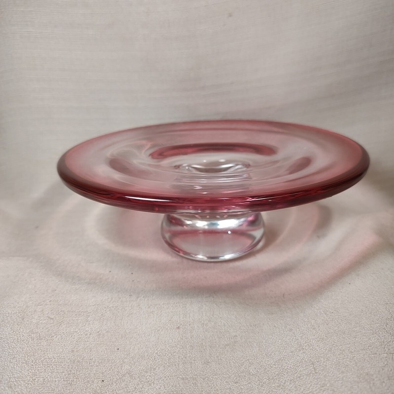 Krosno Poland Blown Pink & Clear Glass Pedestal Cake Plate Heavy Decor Stunning gallery
