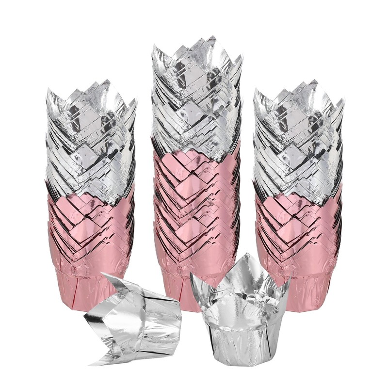100 Pcs Tulip Baking Cups Cupcake Muffins Liners Aluminum Foil, Rose Gold/Silver