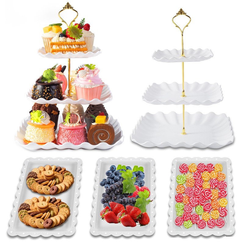Dessert Table Display Set, 3 Tier Cupcake Stand, White Plastic, 5Pcs