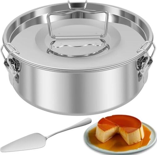 Flan Mold with Lid & Handle, 1.5Qt Stainless Steel Flan Pan Mold with Spatula, gallery