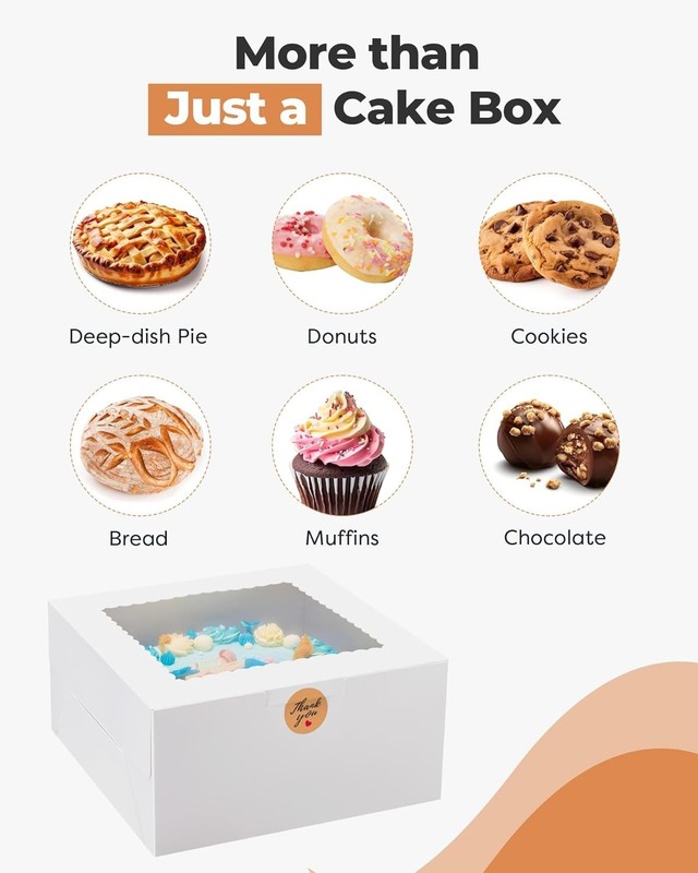 Sturdy White Cake Boxes 10x10x5 Inches - Includes 72 Custom Stickers - 24 Pack gallery