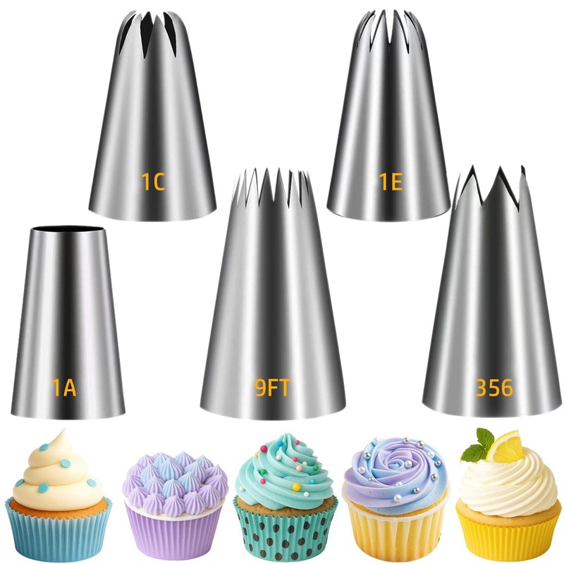 Large Piping Tips Set 5 Pieces Stainless Steel 1A 1E 1C 9FT 356 Frosting Kit