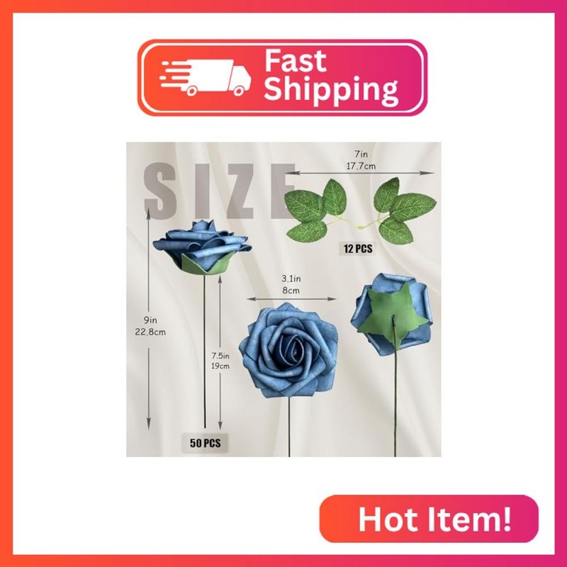 50pcs Dusty Blue Shades Foam Fake Rose with Stems 12 Leaves Artificial Flowers R gallery