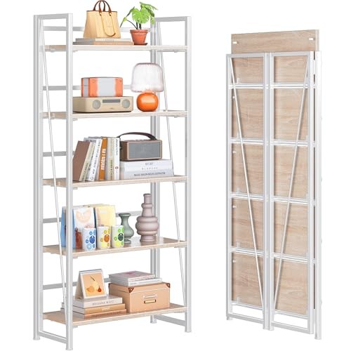 No Assembly Folding Bookshelf, 5-Shelf 62.2″ H 5-Tier Natural and White