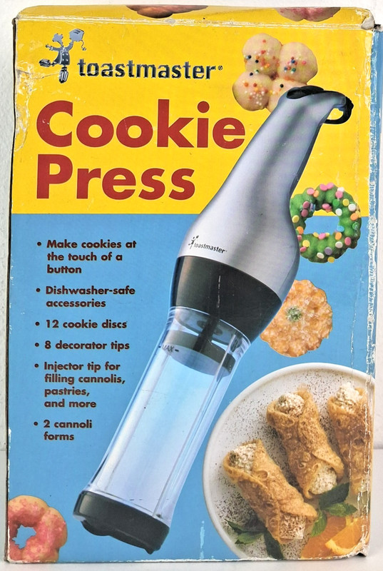 Toastmaster Cookie Press TMCKM2SB-12 Discs, 8 Tips, 2 Cannoli Forms 2005 Yr. NEW