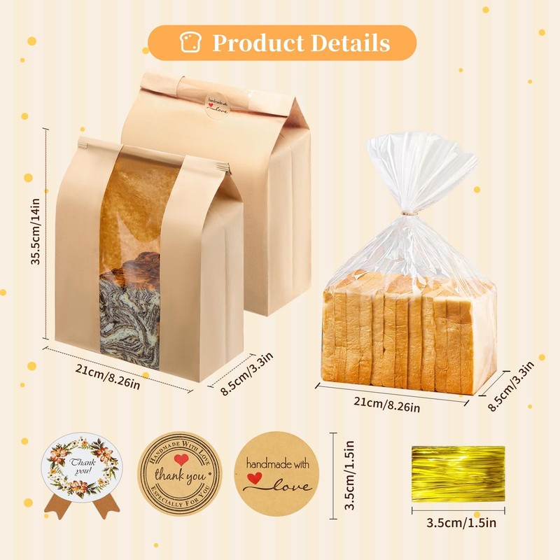 100 Pack14 x 8.3 x 3.5 inch Large Kraft Paper Bread Bags for Homemade Bread S... gallery