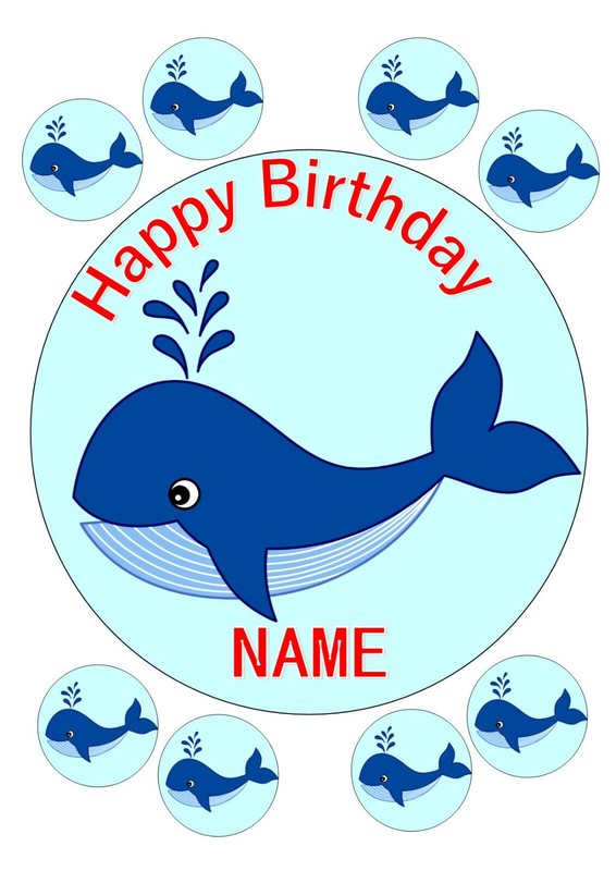 BLUE WHALE BIRTHDAY CAKE TOPPER ROUND EDIBLE ICED ICING 7.5″ + 8 CUPCAKE TOPPERS