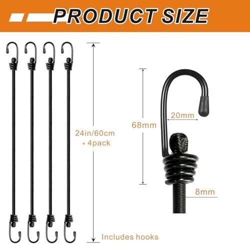 BEXSLE Bungee Cords with Hooks, Heavy Duty Outdoor Elastic 24 Inches X 4 Pcs gallery