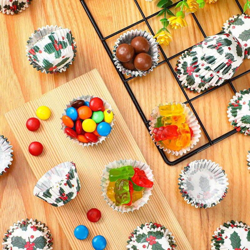 600 Pcs Holly Mini Cupcake Liners 1.3in Muffin Candy Baking Cups Christmas gallery