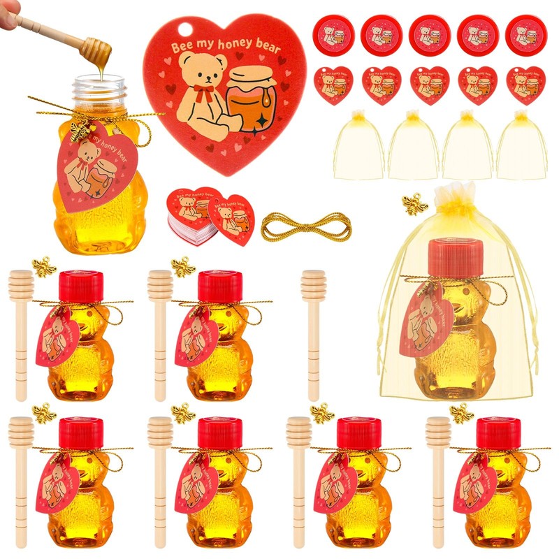 48 Sets 2 oz Honey Bear Bottles Bulk, Mini Plastic Honey Bear Jars with Gold ...