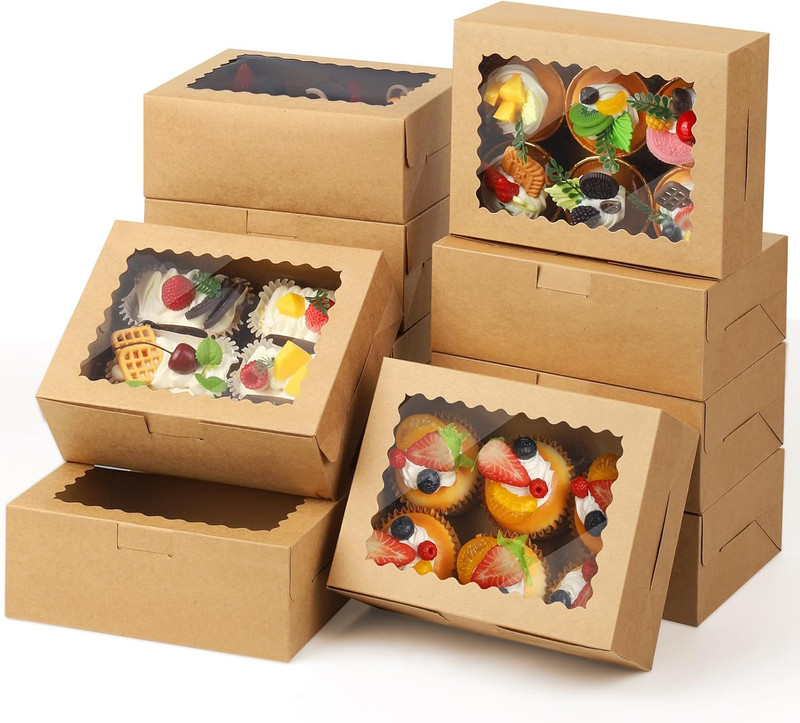 Cupcake Boxes,8X6X3 Inch 24Pack， Cookie Boxes with Window,Bakery Box,Kraft Paper gallery