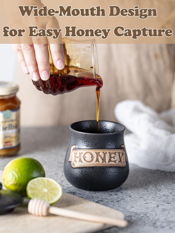 Honey Jar Pot Dispenser 12oz Grey Ceramic Wood Dipper Lid Kitchen Bar gallery