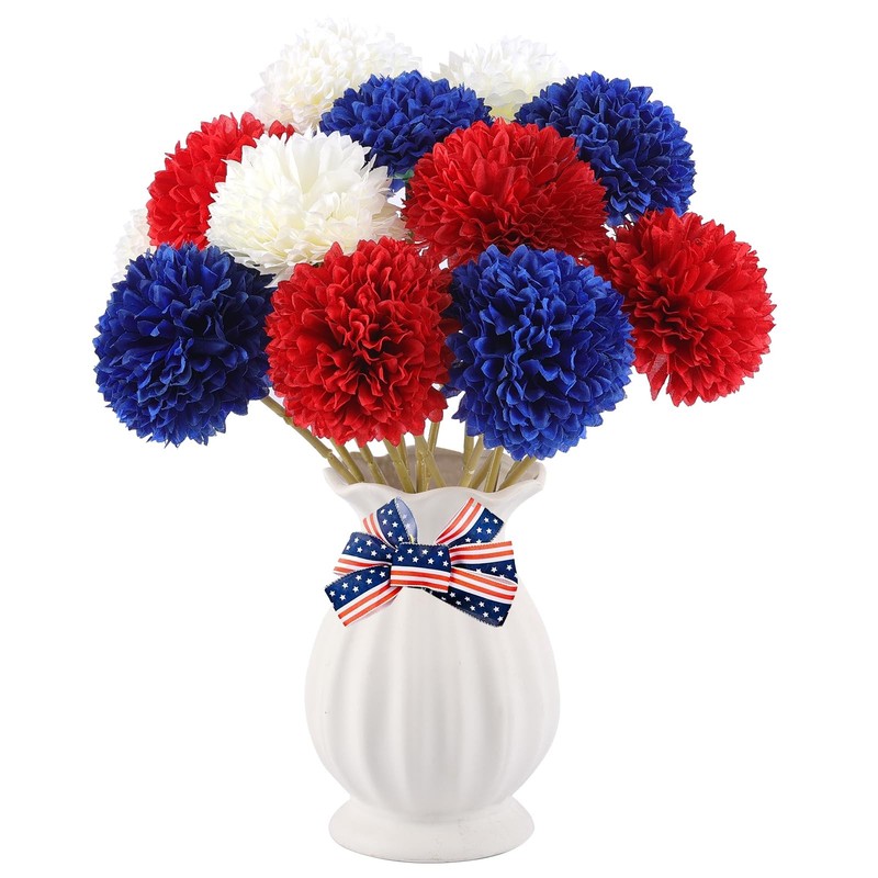Rowfad 12 Pcs Artificial Chrysanthemums Flowers Patriotic Red White Blue