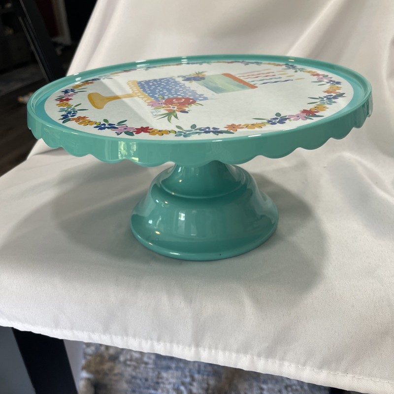 Pioneer Woman 2018 Plastic Birthday Cake Stand 10 3/4" X 6" Blue Base Multi Top gallery