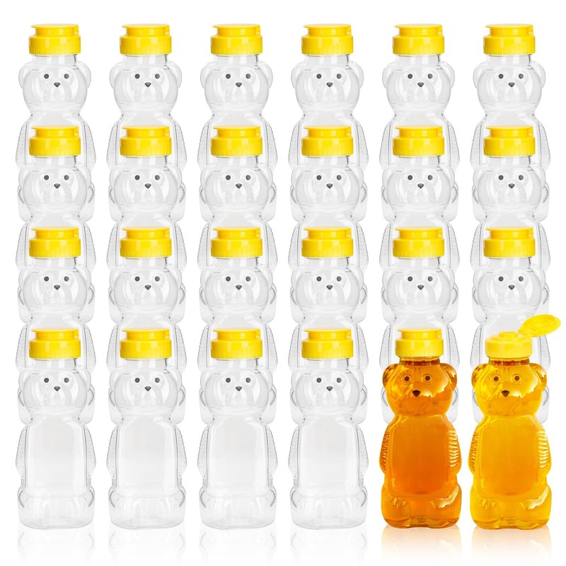 24 PCS 8 oz 250ml Plastic Honey Bear Bottle Jars Yellow Flip Top Lid Dispenser