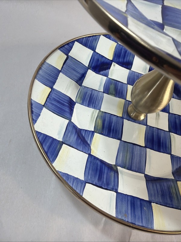 MacKenzie Childs Royal Blue Check Enamel Two Tier Sweet Stand - Very Good gallery