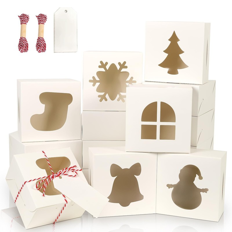 24PCS White Bakery Boxes with Window 4x4x2.5 Inch Christmas Cookie Boxes