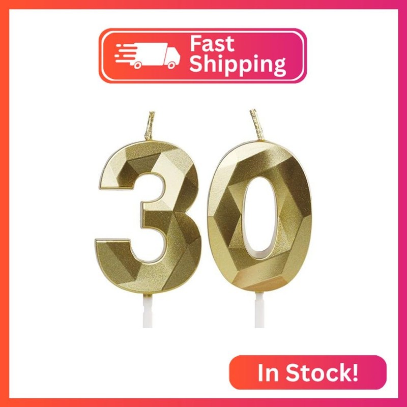 Number 30 Candles,30th Birthday Candles, Gold Happy Birthday Candle for Cake,3D