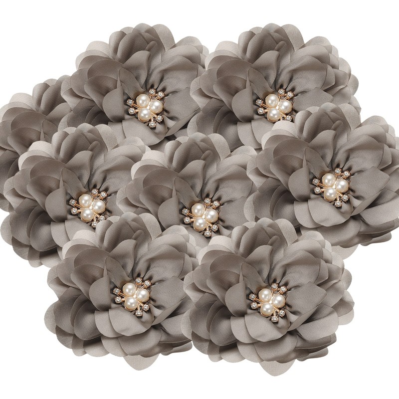 3.15 Inch Rhinestone Chiffon Flower, 5 Pcs Fabric Appliques, Gray