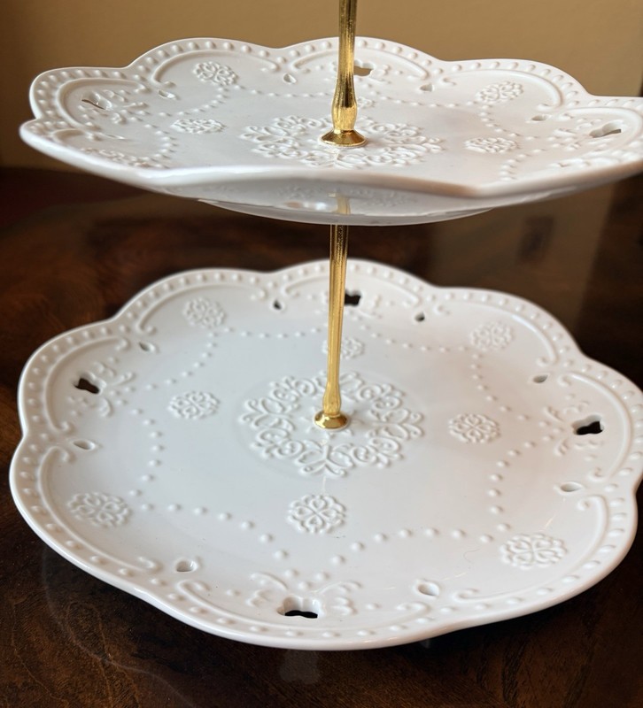 3-Tier White Ceramic Round Floral Embossed Cake Stand w/ Gold Metal Handle gallery