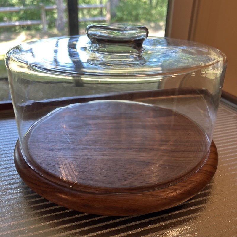 Vintage Teak Domed Cake Plate Cheese Plate Cloche 10” Stunning!