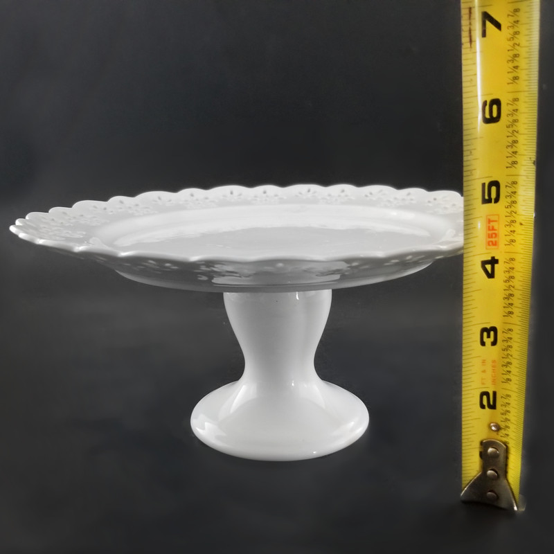 Pier One White Pedestal Cake Stand Porcelain Reticulated Scalloped Edge 8.5"D gallery