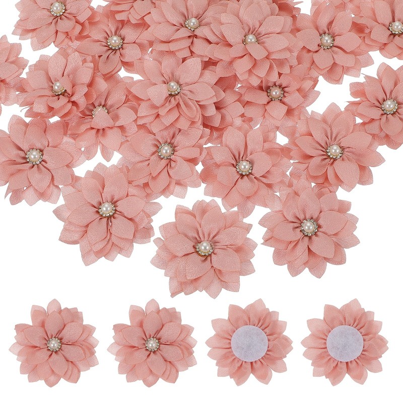 15Pcs, 2″ Fabric Flowers Rhinestone Pearls Sewing Fabric Flowers Pink