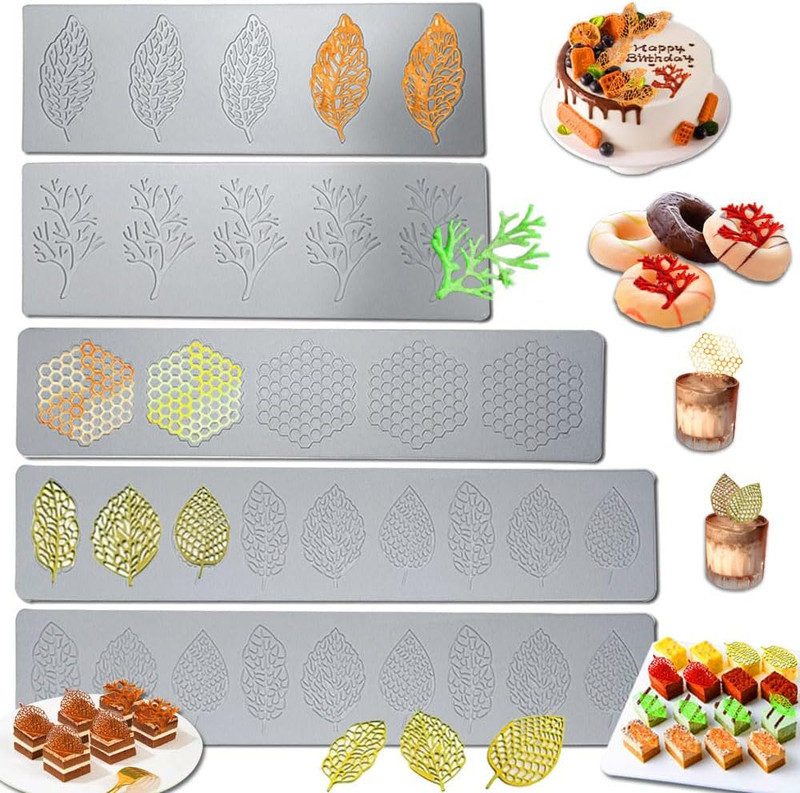 5PCS Leaf Molds Silicone, Tuile Molds Silicone Baking Mold,Fondant Chocolate Mol