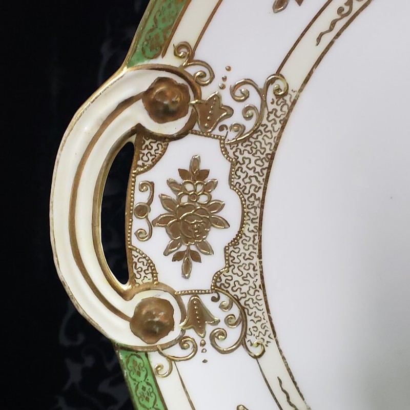Noritake Japan Vintage Handled Cake Plate Serving Dish Green Rim Gold Accent 11" gallery