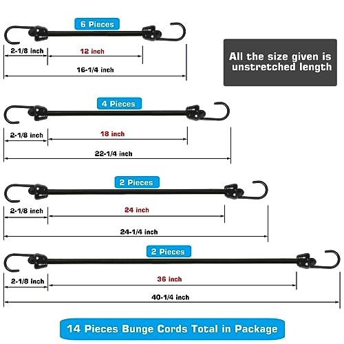 Small Bungee Cords with Hooks Assorted Size of 12 inch, Black-14pk-1/4in Cord gallery