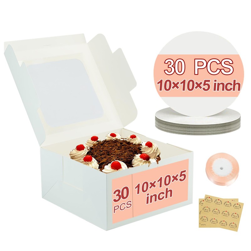 White Square Bakery Cake Boxes With Window And 10″ Round Boards 30 Pack Sets