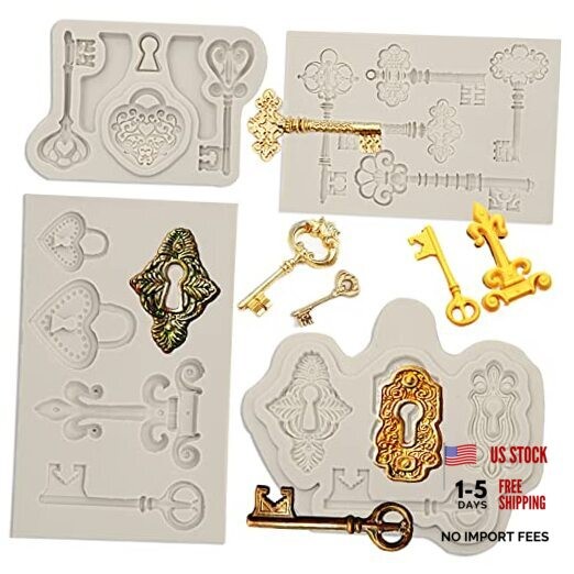 Vintage Key Fondant Molds (4 Pack), Lock Keyhole Silicone Chocolate Molds,