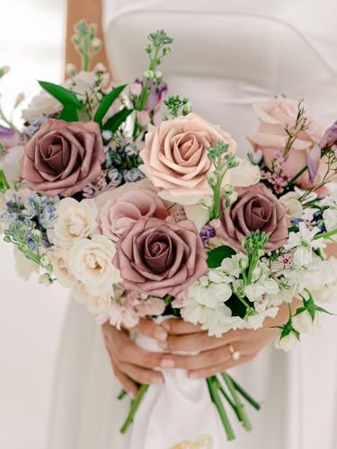 Artificial Flower Roses Real Touch Fake Flowers with 30PCS Warm Taupe & Nude gallery