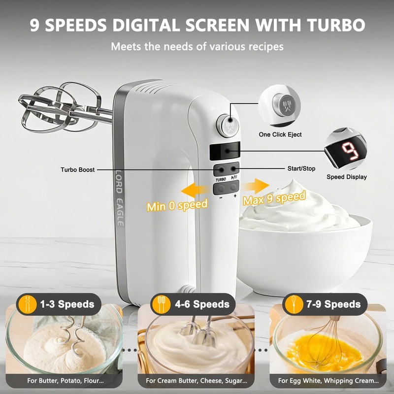 Lord Eagle 9Speed Digital Hand Mixer Electric Handheld, 500W DC Motor Kitchen... gallery