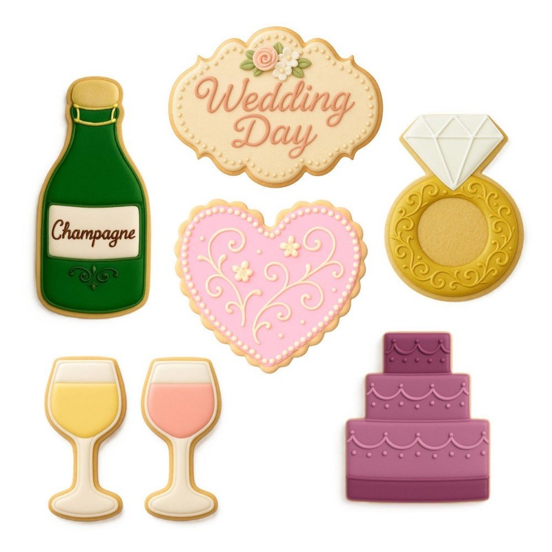 6 Piece Wedding Cookie Cutter Set Cake Ring Glass Champagne Heart Metal gallery