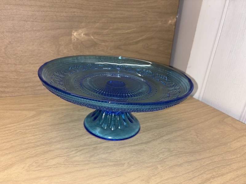 Exquisite Cake Stand Blue Depression Glass 10 " inches Country Cottage- Boho gallery