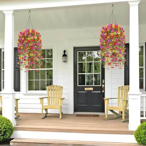 Artificial Hanging Flowers Plants Basket for Outdoors 2 Purple&yellow&red gallery