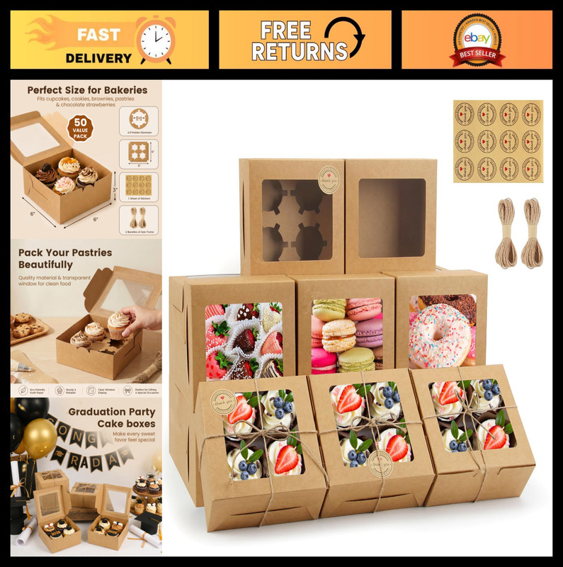 50 PCS Cupcake Boxes with Window – 6x6x3 Inch Bakery Treat Boxes for Cookies, Pa