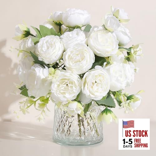 2 Packs Peonies Artificial Flowers Vintage Faux Peony Bouquet Fake White-2pcs