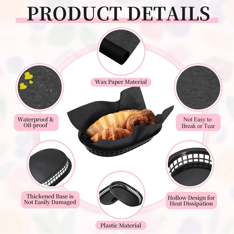 50pcs Solid Color Wax Paper Sheets with 5 Pcs Fast Food Baskets, Black gallery