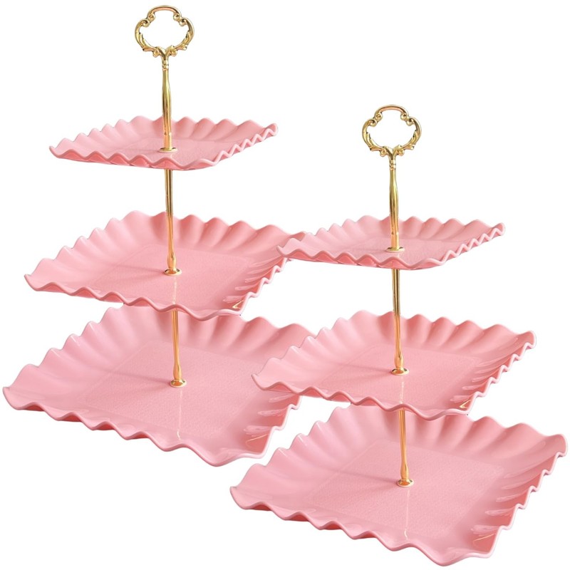2 Pack of Pink Square Dessert Cupcake Stand, 3 Tiered Plastic Serving Tray