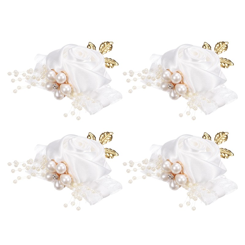 4pcs Wrist Corsage Artificial Flower Bracelets Rose Decorative 7x7cm White