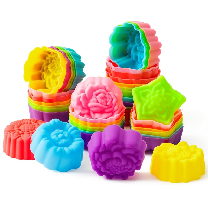 42 Pack Silicone Molds Cupcake 2 Inch Mini Size Multi Flower-Shaped Baking Cu…