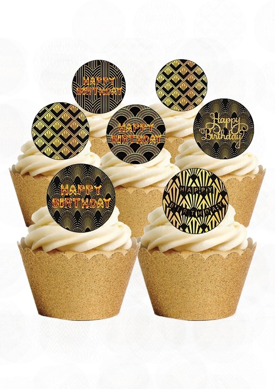 24 Precut ART DECO Happy BIRTHDAY Round Edible Wafer Paper Cake Toppers gallery