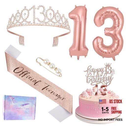 Ainivth Birthday Decorations for Girls, Happy Thirteenth Cake 13 Pink Crown