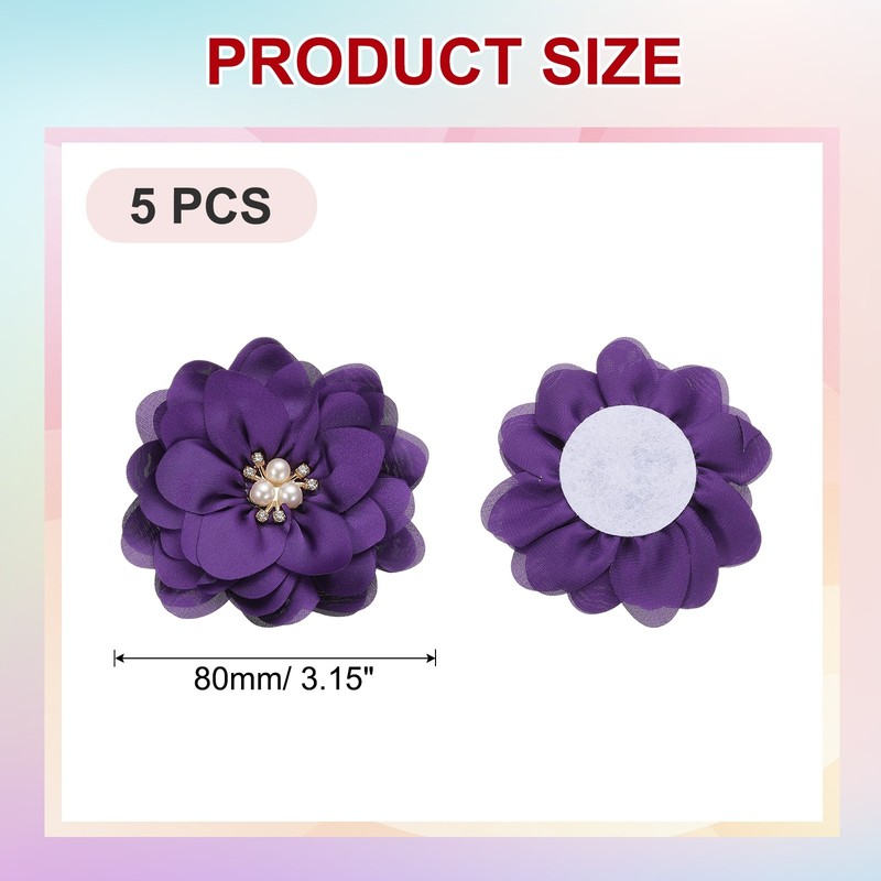 3.15 Inch Rhinestone Chiffon Flower, 5 Pcs Fabric Appliques, Purple gallery